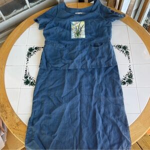LA Blend 100% Linen Maxi Dress Hand-painted Floral Patch Small Blue Cottagecore
